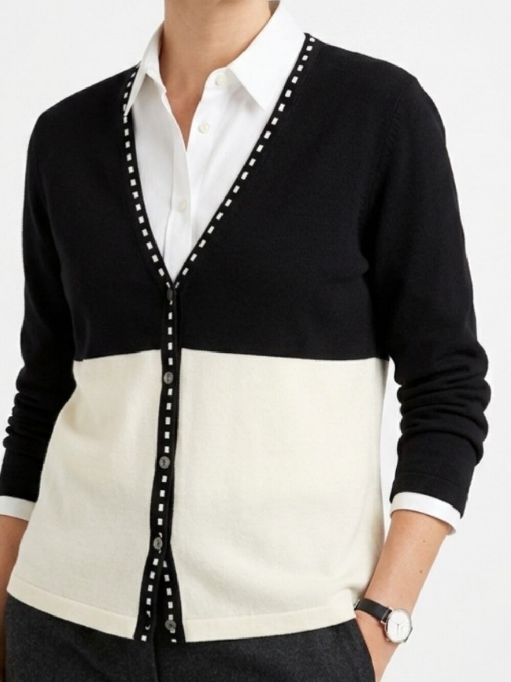 JEANNE PIERRE 100% Cotton Black & Cream Colorblock Cardigan with Dot-Trim